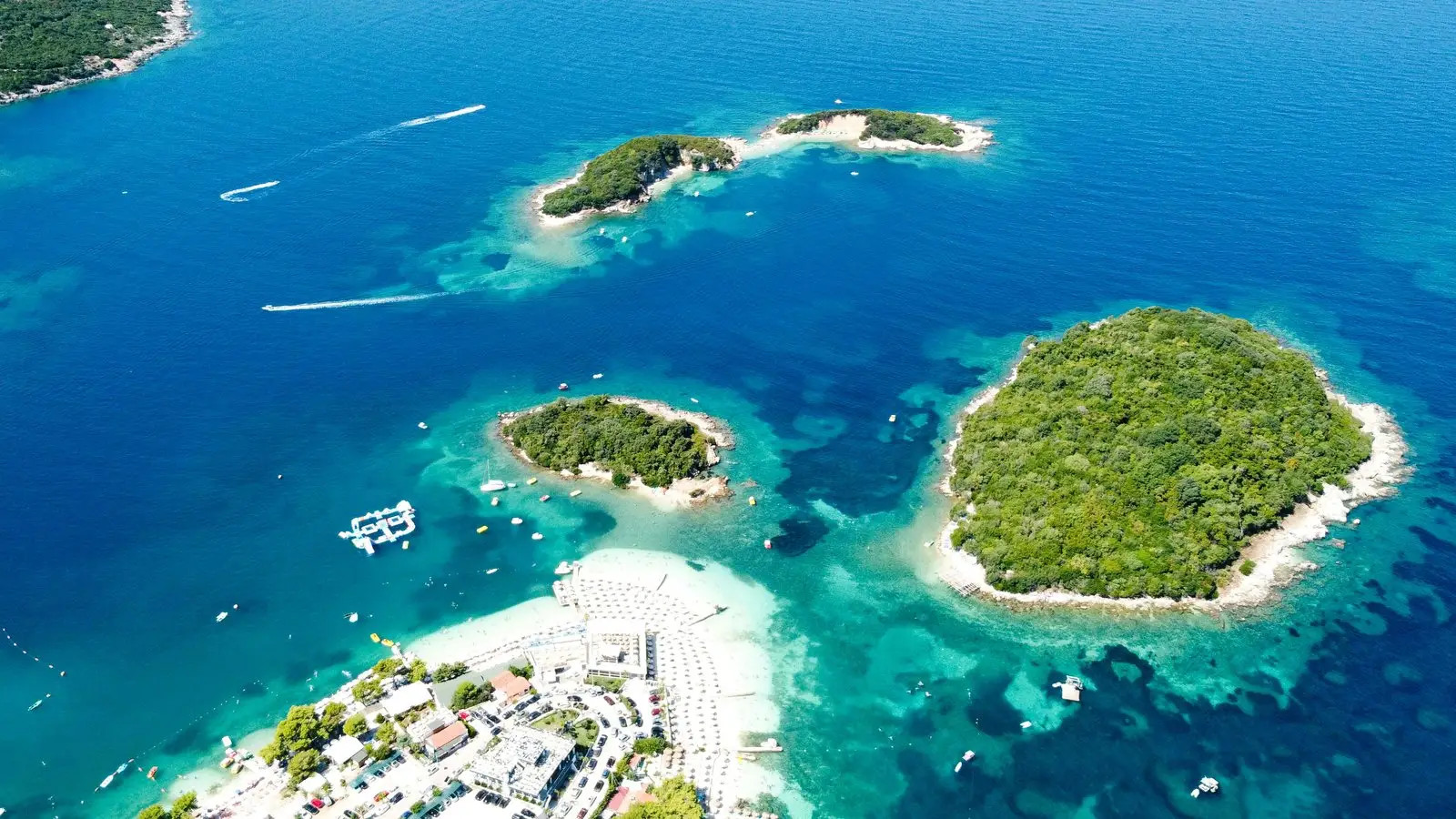 Aerial view of Ksamil islands and turquoise water near Saranda, Albania