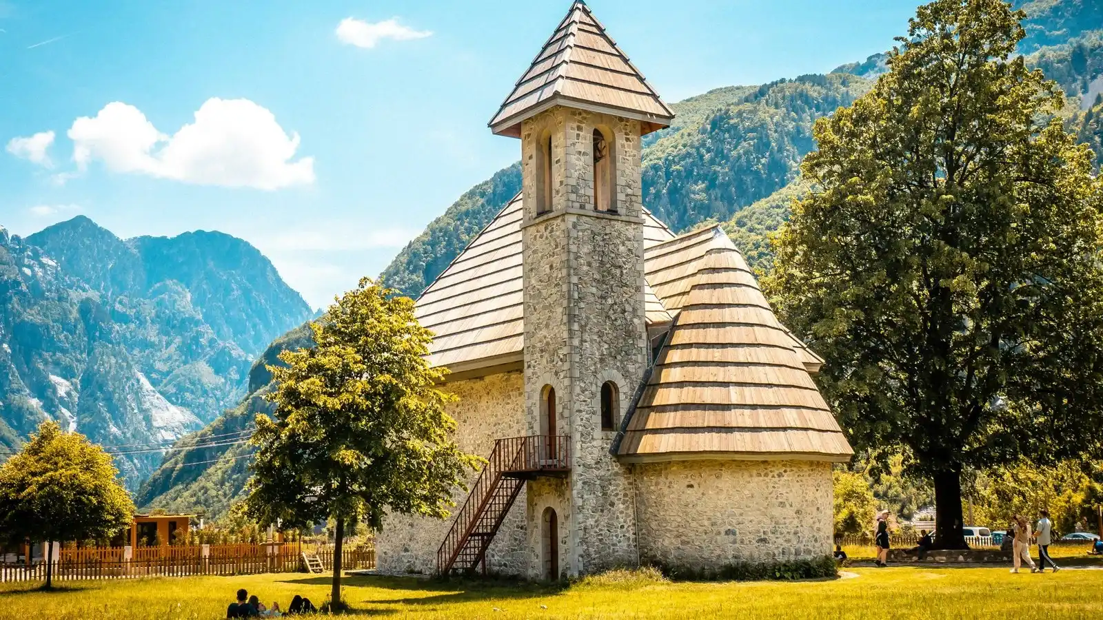 Theth church and Albanian Alps mountains for northern Albania road trips

