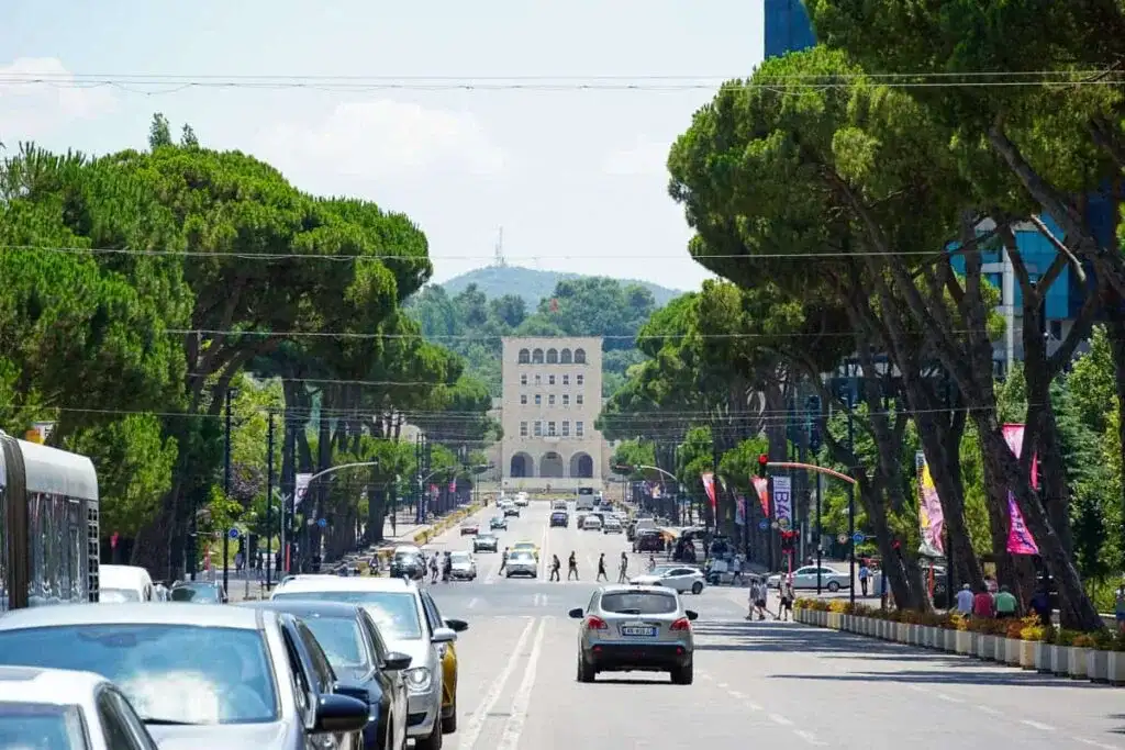 Road traffic in Tirana representing car driving rules in Albania